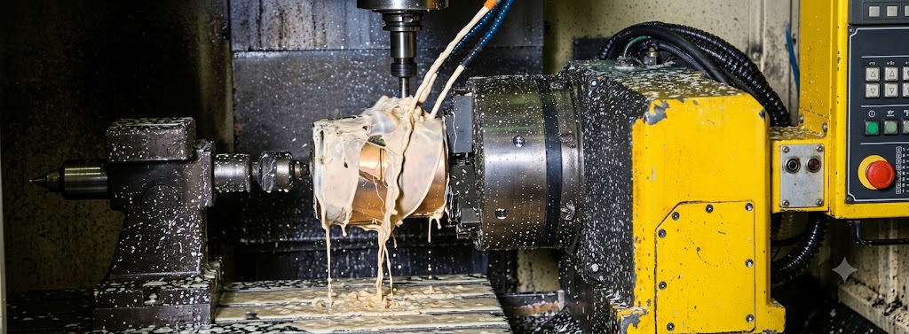 CNC machining centre cutting a workpiece in the Metals of Bahrain machine shop